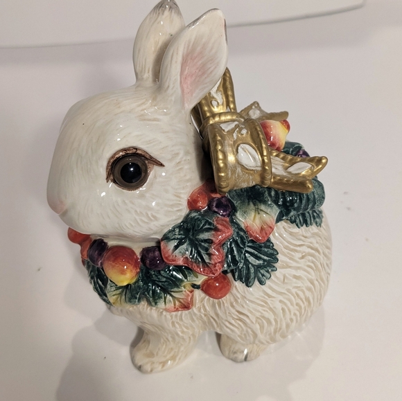 Fitz And Floyd Classics White Bunny Rabbit Trinket Dish W/Lid Gold Bow Greenery - Picture 4 of 11